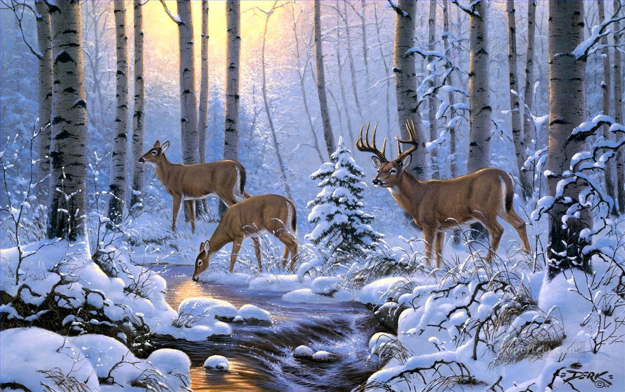 whitetail drinking Oil Paintings